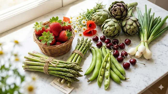 Productos de primavera: fresas, espárragos, habas y cerezas