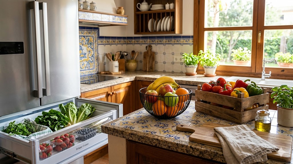 Frutas y verduras frescas bien conservadas en la despensa y nevera de casa