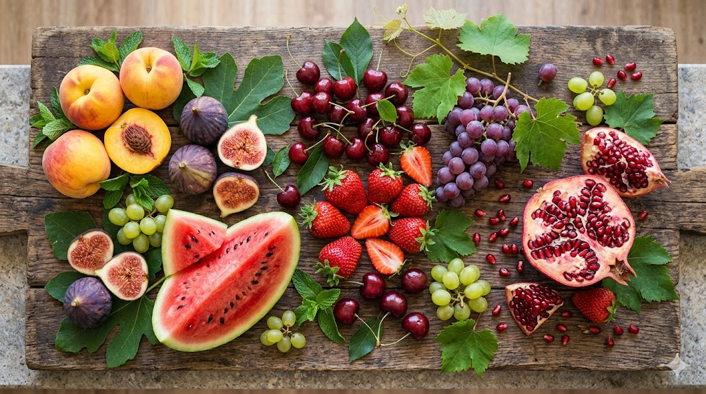 Frutas de temporada en la frutería Los Molinos La Vera, colores vivos de primavera