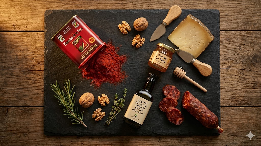 Paisaje de La Vera con sus huertas, ríos y la sierra de Gredos al fondo