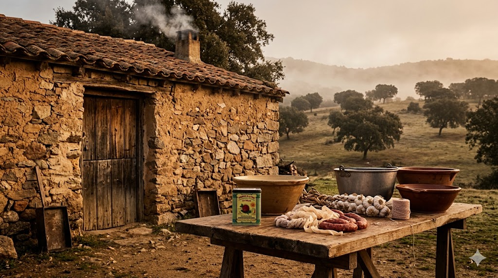 Productos para la matanza tradicional en La Vera: pimentón, especias y tripas