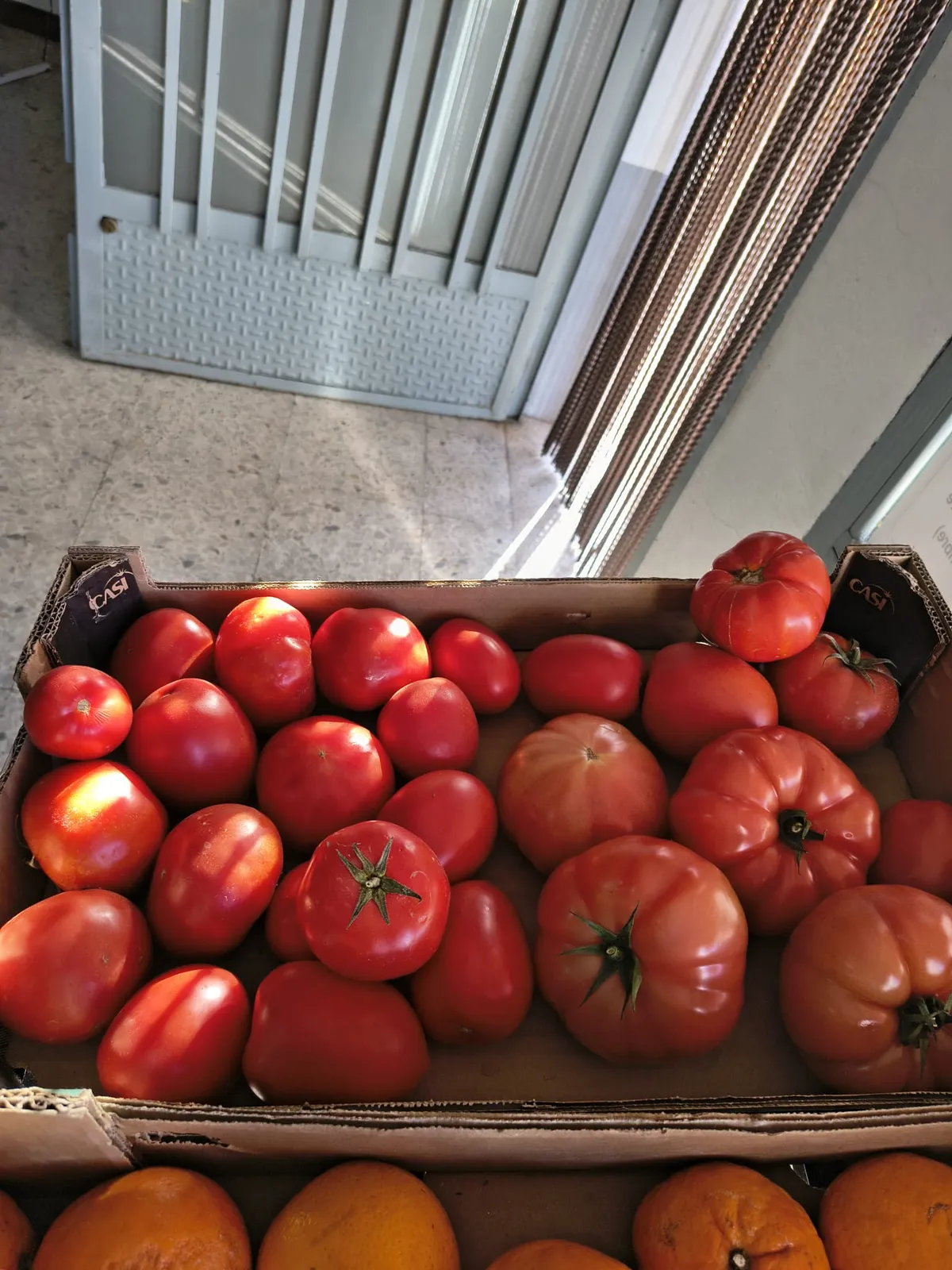 Caja de tomates rojos de cosecha propia en la frutería Los Molinos La Vera, Madrigal de la Vera